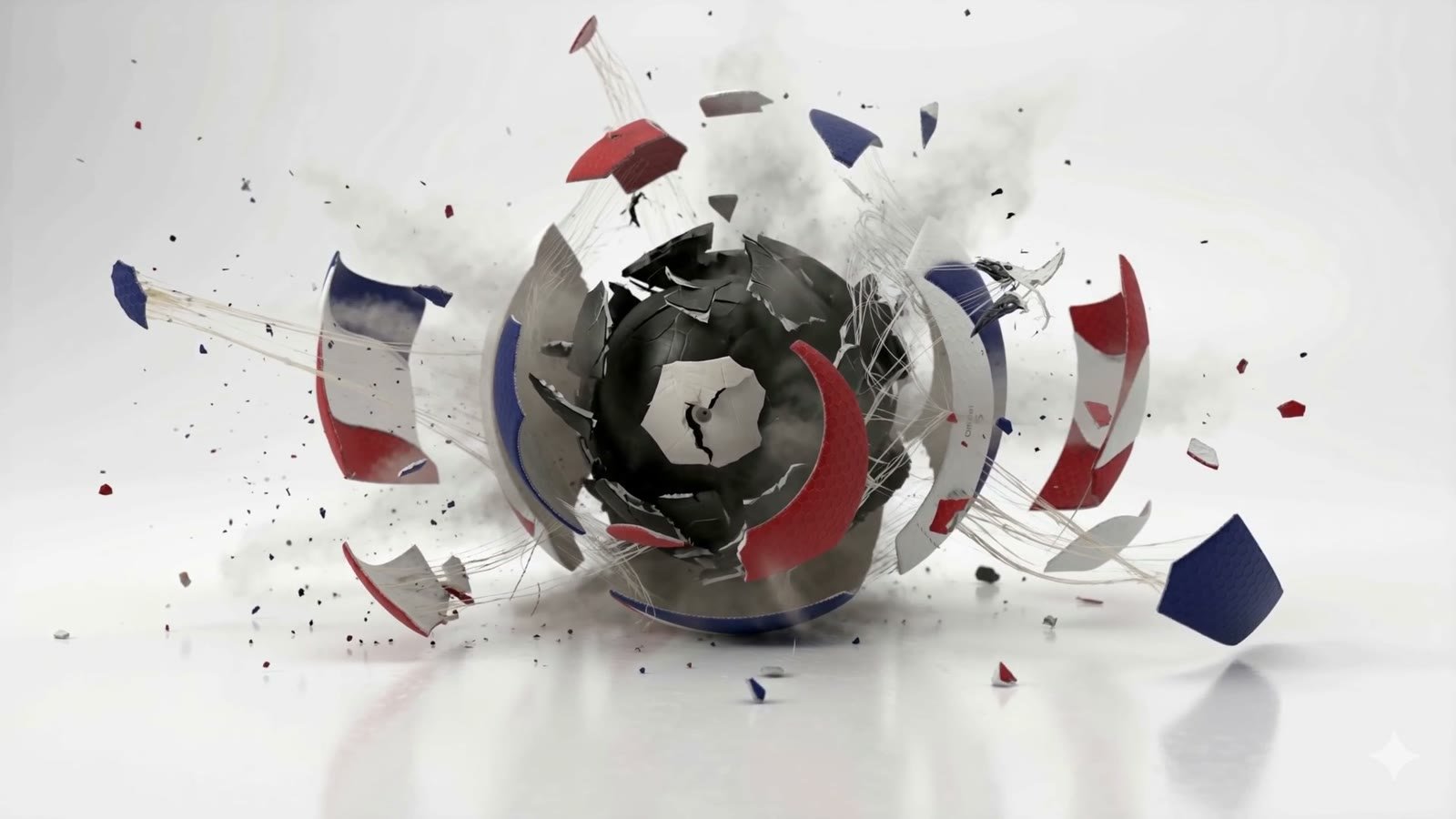 Exploded view of a volleyball: core, winding shell, cover panels, and adhesive threads suspended mid-shatter